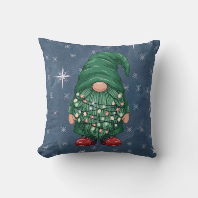 Vattenfärg Grön Tomte Julbelysning Kudde (Framsida)