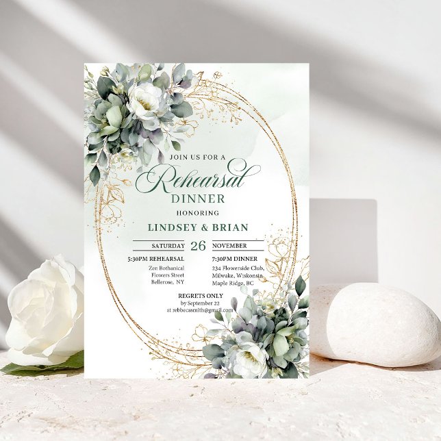 Vattenfärg Grön Vit Repetitionsmiddagsinbjudan Inbjudningar (Watercolor Green White Rehearsal Dinner Invitation)