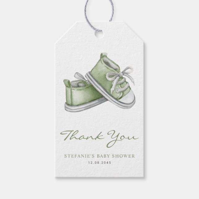 Vattenfärg Gröna Babyskor Baby Shower Tack Presentetikett (Framsidan)