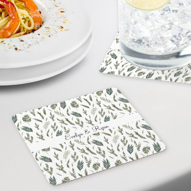 Vattenfärg Gröna Blad Blommig Mönster Underlägg Papper Kvadrat (In situ)