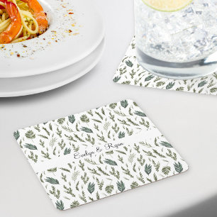 Vattenfärg Gröna Blad Blommönster Underlägg Papper Kvadrat