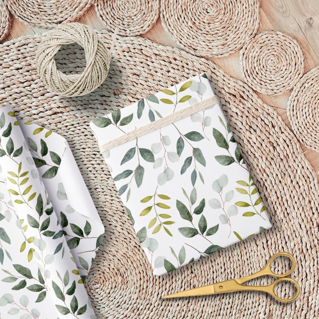 Vattenfärg Gröna Blad Mönster Presentpapper (In situ)