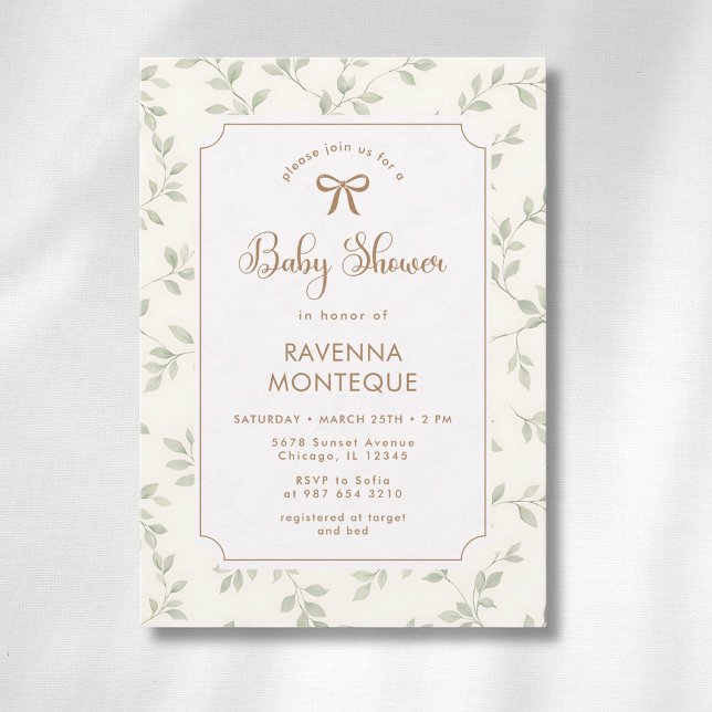 Vattenfärg Gröna Blad Ram Guldslinga Baby Shower Inbjudningar (Skapare uppladdad)