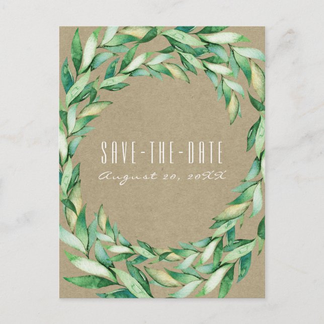 Vattenfärg Gröna Blad Rustik Kraft Spara Datumet Meddelande Vykort (Framsida)