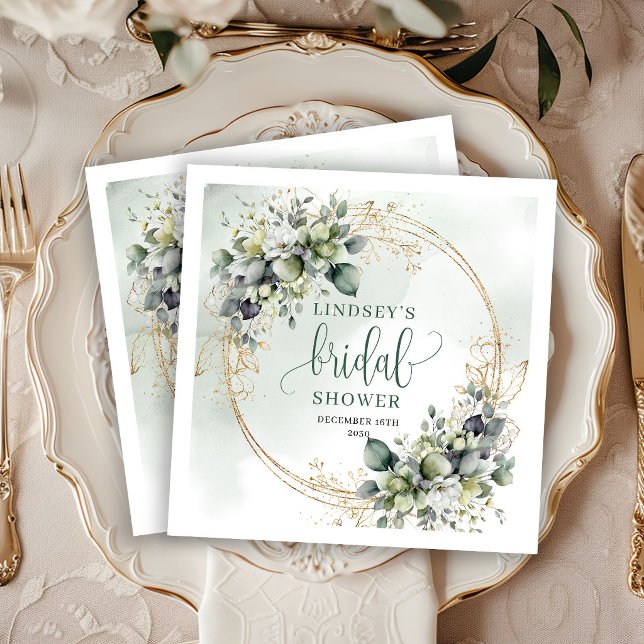 Vattenfärg Gröna Guld Bröllopsdusch Fest Servetter (Watercolor Green Gold Bridal Shower Party Napkins)