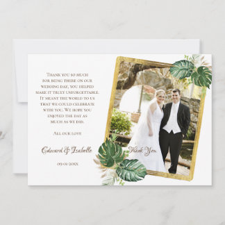 Vattenfärg Gröna & Guld Monstera blad Bröllop Tack Kort