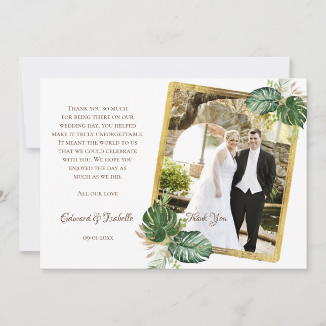 Vattenfärg Gröna & Guld Monstera blad Bröllop Tack Kort (Framsida)