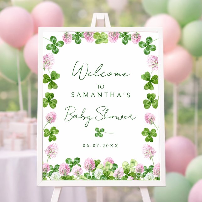 Vattenfärg Gröna Klöver Baby Shower Välkomstskylt Poster (Skapare uppladdad)