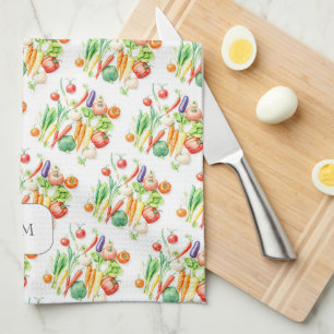 Vattenfärg grönsaker mönster monogram kökshandduk