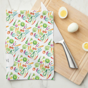 Vattenfärg grönsaker mönster monogram kökshandduk