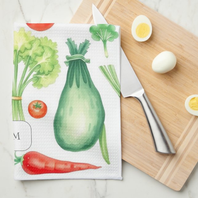 Vattenfärg grönsaker mönster monogram kökshandduk (Vikt i Fjärdedel)