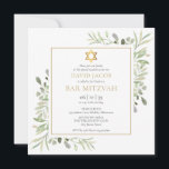Vattenfärg Grönska Bar Mitzvah Bat Mitzvah Inbjudningar<br><div class="desc">Med känsliga vattenfärgblad och en elegant guldstjärna av David,  kan denna snygga bar eller bat mitzvah-inbjudan anpassas med din speciella information,  med en silvergrå bakgrund på baksidan. Designad av Thisisnotme©</div>