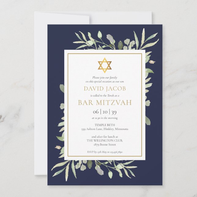 Vattenfärg Grönska Bar Mitzvah Marinblå Inbjudningar (Framsida)