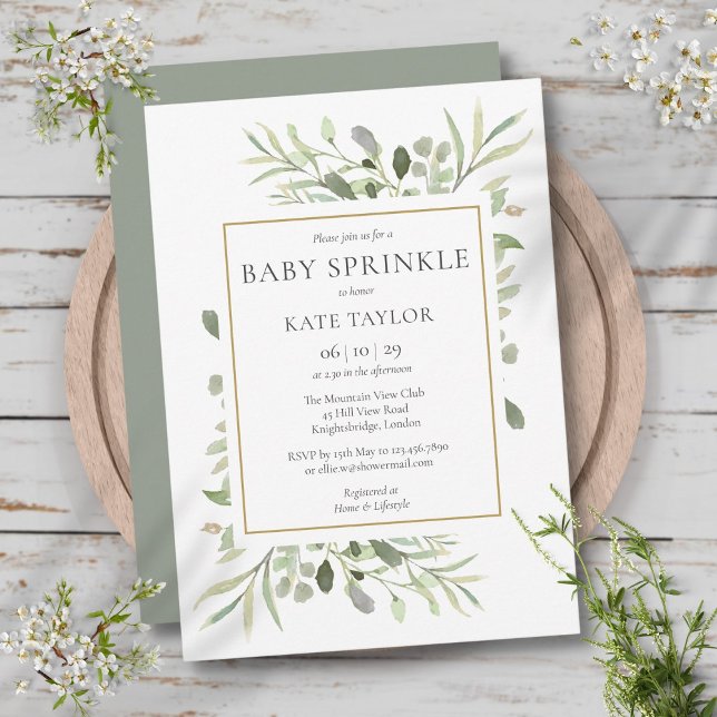 Vattenfärg Grönska Bebis Dropp Könsneutral Inbjudningar (Watercolour Greenery Baby Sprinkle Gender Neutral Invitation)