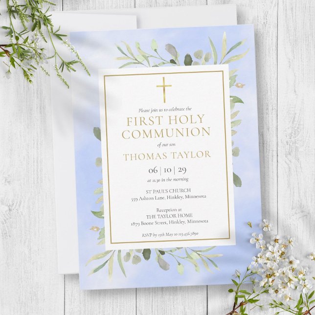 Vattenfärg Grönska Blå Första Nattvarden Inbjudningar (Watercolor Greenery Blue First Holy Communion Invitation)