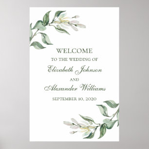 Vattenfärg grönska blommande vigsel välkomstskylt poster