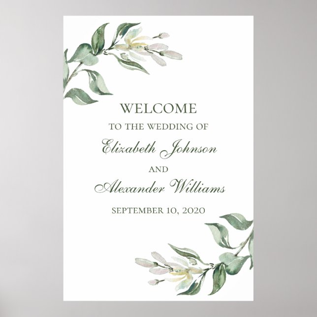 Vattenfärg grönska blommande vigsel välkomstskylt poster (Framsidan)