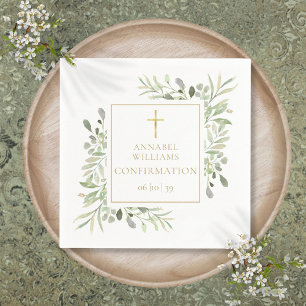 Vattenfärg Grönska Blommig Guld Konfirmation Pappersservett
