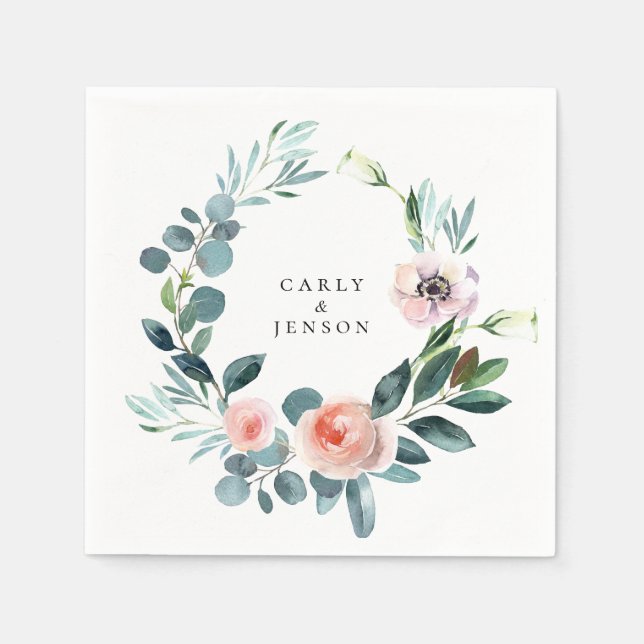 Vattenfärg Grönska Blommig Krans Pappersservetter (Framsidan)