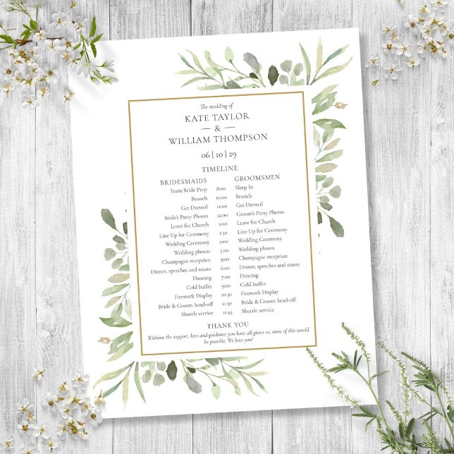 Vattenfärg Grönska Bröllopsschema Tidslinje (Watercolor Greenery Wedding Schedule Timeline)