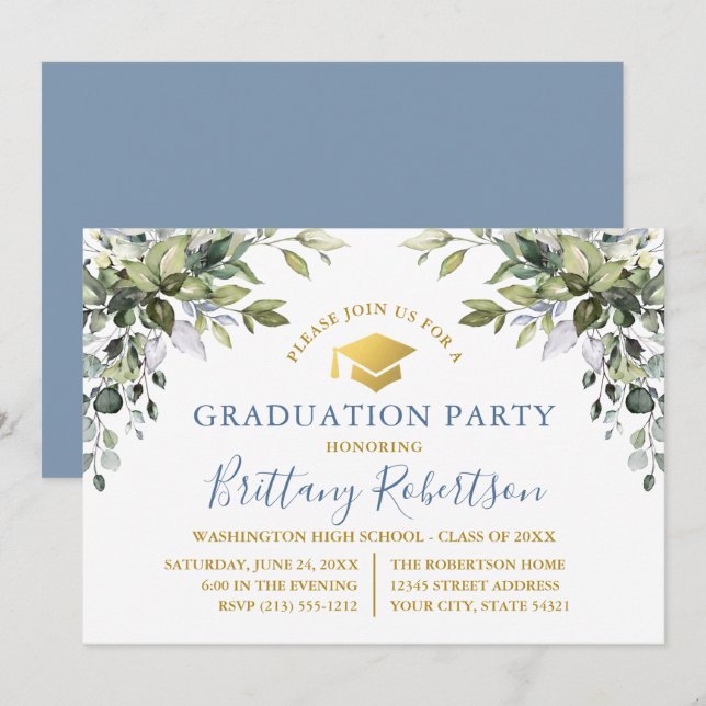 Vattenfärg Grönska Dammig Blå Guld Examen Fest Inbjudningar (Fram/baksida)