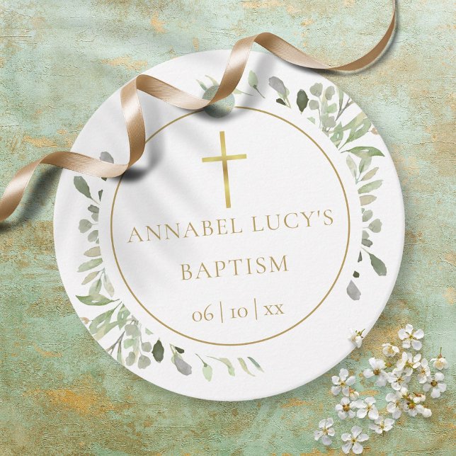 Vattenfärg Grönska Dop Gåvor Etiketter (Watercolor Greenery Baptism Christening Favor Tags)