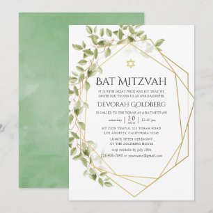 Vattenfärg Grönska Geometrisk Bat Mitzvah Inbjudningar