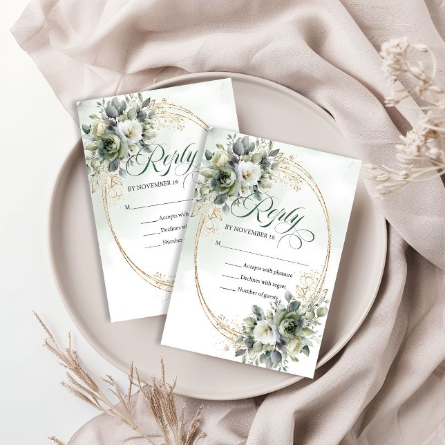 Vattenfärg Grönska Guld Bröllop RSVP-kort OSA Kort (Watercolor Greenery Gold Wedding RSVP Card)