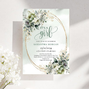 Vattenfärg Grönska Guld Det Är En Flick Invitation Inbjudningar