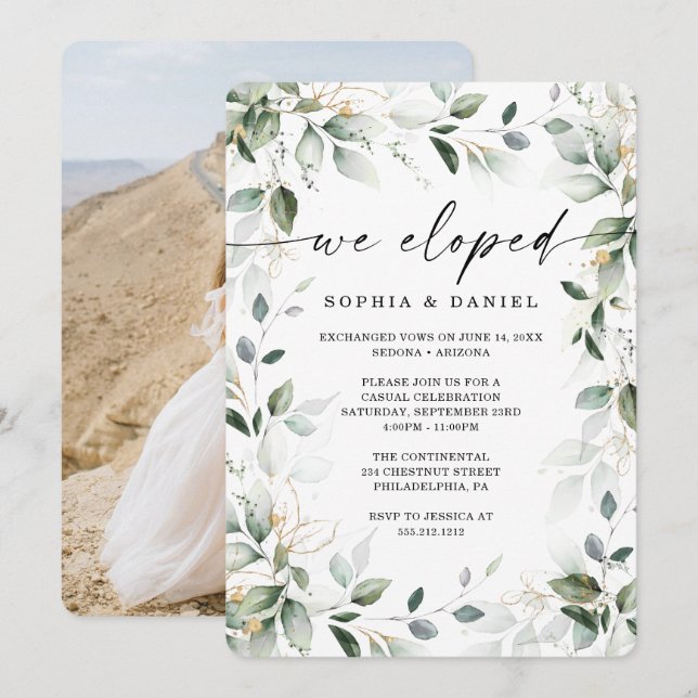 Vattenfärg Grönska Guld Elopementfirande Inbjudningar (Fram/baksida)