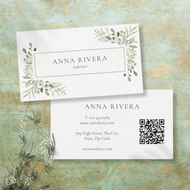 Vattenfärg Grönska Guld Geometrisk QR-kod Visitkort (Watercolor Greenery Gold Geometric QR Code Business Card)