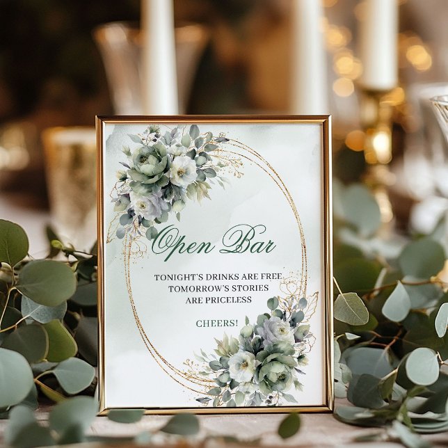 Vattenfärg Grönska Guld Öppen Bar Bordskylt Poster (Watercolor Greenery Gold Open Bar Tabletop Sign)