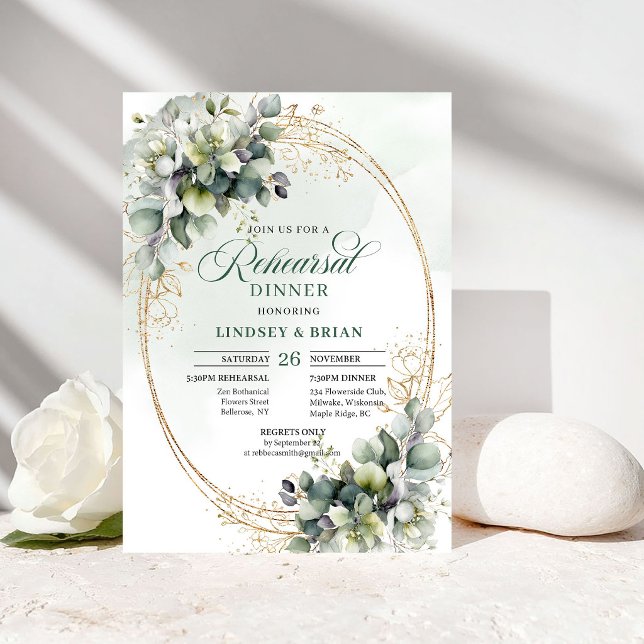 Vattenfärg Grönska Guld Övning Middag Inbjudan (Watercolor Greenery Gold Rehearsal Dinner Invite)