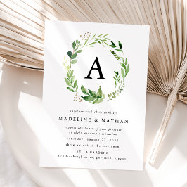 Vattenfärg Grönska Krans Monogram Bröllop Inbjudningar