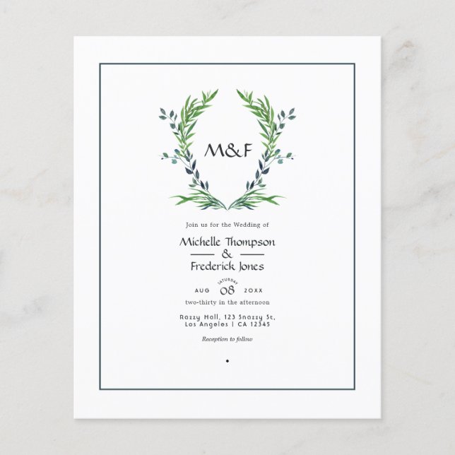 Vattenfärg Grönska Lager Krön Monogram Bröllop  Flygblad (Framsidan)