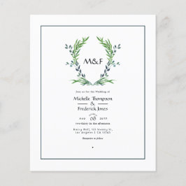 Vattenfärg Grönska Lagerkrans Monogram Bröllop Flygblad
