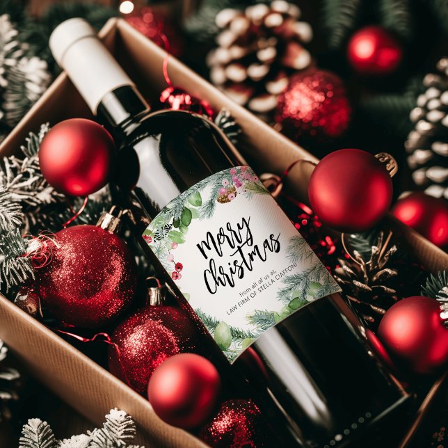 Vattenfärg Grönska med texten God Jul Vinflaska Etikett (Script Merry Christmas Watercolor Greenery Wine Label)