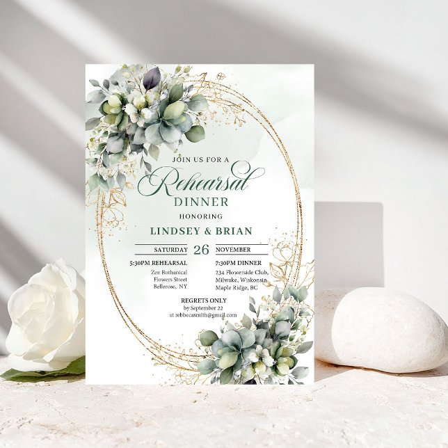 Vattenfärg Grönska Övningsmiddagsinbjudan Inbjudningar (Watercolor Greenery Rehearsal Dinner Invite)