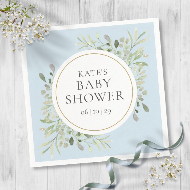 Vattenfärg Grönska Pojke Blå Babykalas Servetter (Watercolor Greenery Boy Blue Baby Shower Napkins)