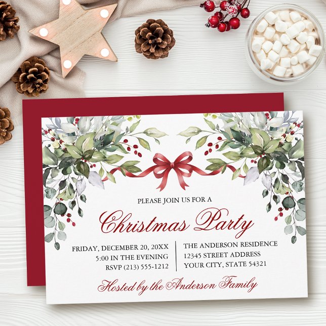 Vattenfärg Grönska Röd Slinga Julfest Inbjudningar (Customize to change text size, color, style or to change color of back of card.)