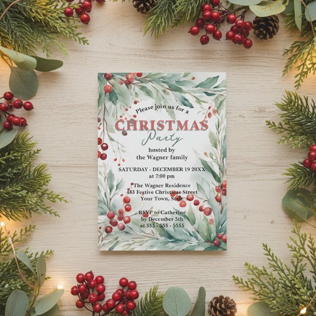 Vattenfärg Grönska & Röda Bär Julfest  Inbjudningar (Skapare uppladdad)