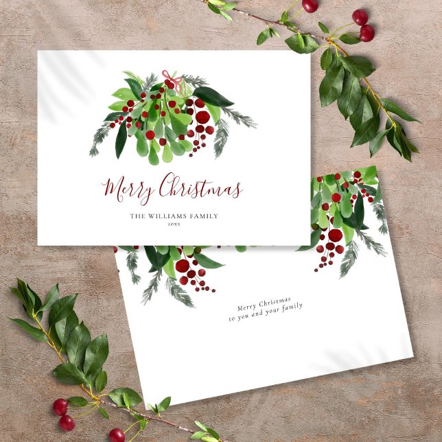 Vattenfärg Grönska Röda Bär Script Jul  Julkort (Watercolor Greenery Red Berries Script Christmas Holiday Card)