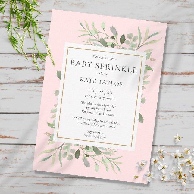 Vattenfärg Grönska Rosa Flicka Baby Småkalas Inbjudningar (Watercolor Greenery Pink Girl Baby Sprinkle Invitation)