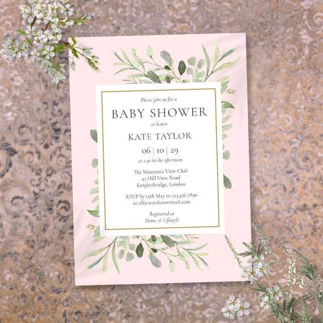 Vattenfärg Grönska Rosa Flickor Barnkalas Inbjudningar (Watercolor Greenery Pink Girl Baby Shower Invitation)