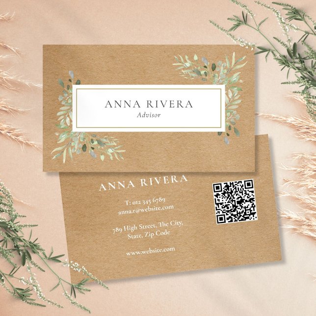 Vattenfärg Grönska Rustik Kraft QR-kod Visitkort (Watercolor Greenery Rustic Kraft QR Code Business Card)