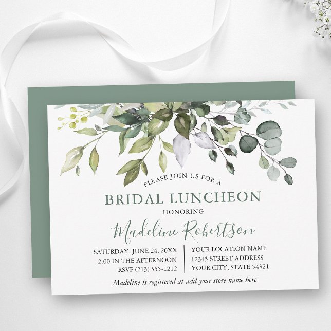 Vattenfärg Grönska Sälggrön Bröllopsluncheon Inbjudningar (Customize to change text size, color, text style or color of back of card.)