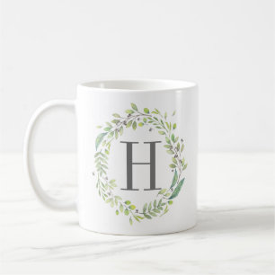 Vattenfärg Grönskande Krans och Monogram Kaffemugg