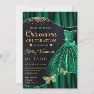 Vattenfärg Grönt Guld Glitter Klänning Quinceanera Inbjudningar