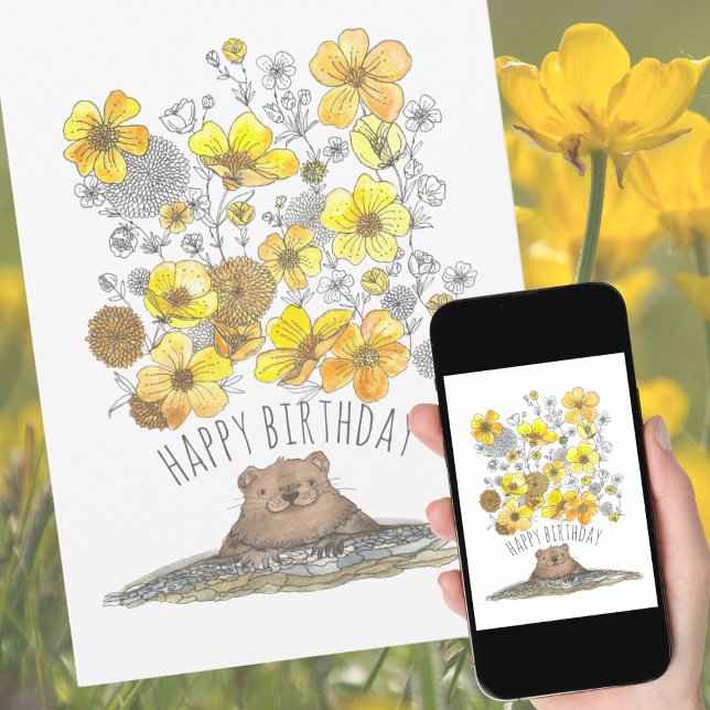 Vattenfärg Groundhog och Buttercups Grattis på föd Kort (Skapare uppladdad)