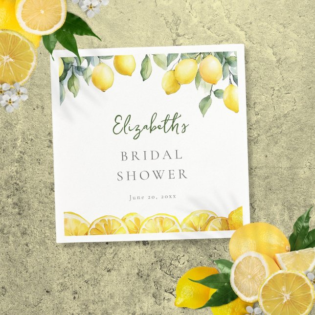 Vattenfärg Gul Citron Bröllopsdusch Pappersservett (Watercolor Yellow Lemon Citrus Bridal Shower Napkins)